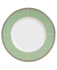 A tender aqua border in pure bone china provides soft contrast to the lively floral design of the Oberon dinnerware and dishes pattern from Wedgwood.