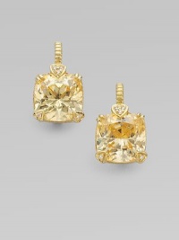 From the Lola Collection. Large cushion-cut canary crystal in 14K gold with diamond heart prongs.Diamonds, 0.05 tcwCanary crystal14K yellow goldDrop, about ¾Imported