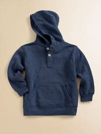 A classic hoodie is updated in dyed indigo fleece for a cool look.Attached hoodLong sleevesFront buttonsKangaroo pocket78% cotton/22% polyesterMachine washImported