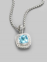 From the Petite Albion Cushion Collection. A softly hued, richly faceted blue topaz, surrounded by pavé diamonds on a chain of sterling silver. Diamonds, 0.20 tcw Blue topaz Sterling silver Chain length, about 17 Pendant width, about ¼ Lobster clasp Made in USA