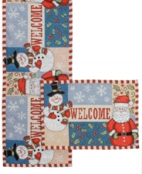 Santa Claus and a frosty friend greet the season in Welcome to Christmas table linens. Candy-striped trim, fresh holly and magical snowflakes sewn in machine washable placemats create an impossibly merry place at the table for family and friends.