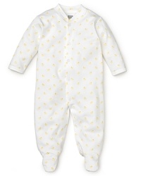 An adorable three-quarter sleeve footie in yellow duck print.