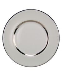 Set the table with elegance. A slightly textured pearlescent and platinum border melds with creamy white bone china to bring grace and style to any decor. (Clearance)