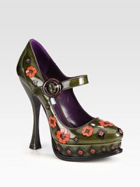 A flower appliqué updates this platform Mary Jane design made of Italian leather. Self-covered heel, 5½ (140mm)Covered platform, 1¼ (30mm)Compares to a 4¼ heel (110mm)Leather upperAdjustable ankle strapLeather liningLeather and rubber solePadded insoleMade in ItalyOUR FIT MODEL RECOMMENDS ordering one half size up as this style runs small. 