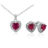 Ruby and Diamond Heart Pendant and Earrings Set in Silver 3ct tgw