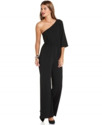 Look party-perfect with Spense's one-shoulder petite jumpsuit, featuring a belted waist-- it's a must-have trend!