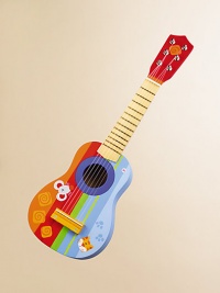 A wonderful child's guitar is brightly painted and the perfect size for small fingers. An easy, fun way to develop a child's hand-eye coordination and nurture an interest in music and the arts. Brass frets, metal machine heads Recommended for ages three and up 1½ pounds 7W X 21H X 2½D Imported