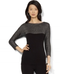 Lauren Ralph Lauren's luxuriously soft sweater with a flattering bateau neckline is accented with a panel of interwoven Lurex® at the chest and sleeves for a glamorous update.