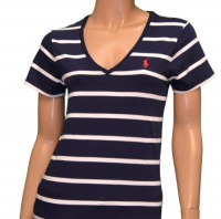 Ralph Lauren Sport Women V-neck Striped Pony Logo T-shirt