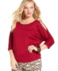 Heat up your look with Jessica Simpson's cold-shoulder plus size top, accented by beading.