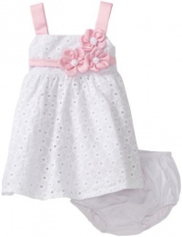 Bonnie Baby Girls Infant Satin Flowers On White Eyelet Empire Waist Dress, White, 24 Months