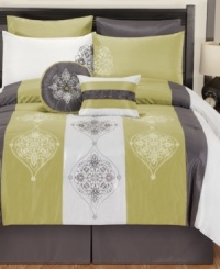 Vertical panels of green, white and gray are embellished with a lustrous sheen and delicate medallion motif in these Simone comforter sets. Two decorative pillows finish the set with pleated and tufted details for added depth in this classically simple look.