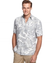 Keep it crisp but still laid-back with an island-vibe with this silk-blend shirt from Tasso Elba.