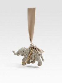 Shimmering glass glitter, bead and chain accents, and a satin ribbon loop lend an irresistably festive appeal to this elephant ornament.Satin ribbon loopGlass glitterChain and beaded trim4 X 2.5 X 1.5Handmade in USA