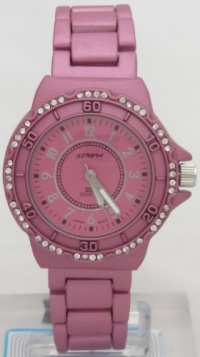 Geneva Quartz Women Watch Rhinestone Accent Fuchsia Enamel Bracelet Watch