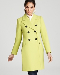 In lime green wool, Trina Turk's jacket lends smart style in a tailored, double breasted silhouette.