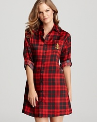 Sleep confidently-and comfortably-in Lauren Ralph Lauren's plaid, satin sleep shirt with an embroidered logo pocket.