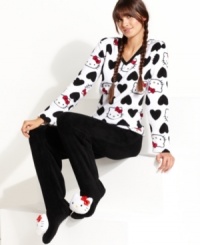 Tap into your inner feline. Hello Kitty's HK for Life v-neck top and pajama pants are super cute with plush Hello Kitty heads on the feet.