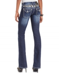 A rhinestone embellished back yoke adds eye-catching appeal to these Miss Me bootcut jeans -- perfect for daytime glam!