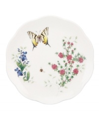 Fresh from the garden, Butterfly Meadow Herbs dessert plates from Lenox feature sturdy porcelain with flowering herbs and a delicately scalloped edge.