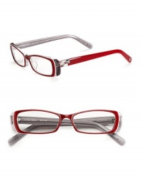 THE LOOKPlastic two-tone framesRectangle shapeAustrian stone details on temples and tipsTHE COLORRed and translucent grey frames with clear lensesORIGINImported