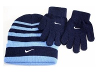 Nike Kids Boy's 4/7 Striped Beanie Hat & Gloves Set (Obsidian)