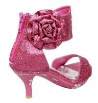 Girls' Ankle Wrap High Heel Glitter Dress Sandals w/ Flower Fuchsia , 4