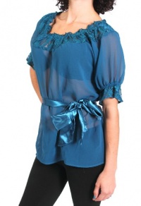 Sheer lace neck lines and sleeves blouse in Aqua