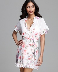 A floral print short sleeve wrapper with ruffle trim for a pretty bedtime look.