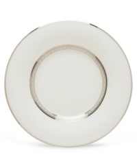 Metropolitan sensibility and modern design combine in an understated white bone china collection. Platinum gild along the edge is enhanced by a clean, platinum geometric pattern reminiscent of architectural details. Accent plates feature the geometric pattern along the interior verge, with a thin platinum band along the outer rim.