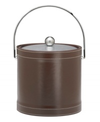 A rich pebbled texture gives this chocolate-brown ice bucket the look and feel of real leather. Its double-walled design keeps things cold and dry. With contrast stitching and a brushed metal lid.