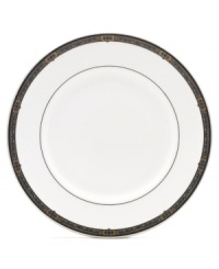 For nearly 150 years, Lenox has been renowned throughout the world as a premier designer and manufacturer of fine china. The Vintage Jewel dinner plates from Lenox's dinnerware and dishes collection evoke a more gracious era, combining pure white bone china with a dark, richly patterned band of muted gold, taupe, charcoal, and black, and accented with subtle touches of cobalt blue.