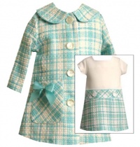 Size-24M, Aqua, BNJ-6621R, Aqua-Blue Ivory Bow Pocket Boucle Dress / Coat Set,Bonnie Jean Baby-Infant Special Occasion Party Dress