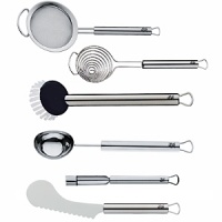 Since 1853 WMF has produced quality-designed products for professional and home use. In keeping with tradition the Profi Plus line of kitchen tools and gadgets are produced and tested with key factors that affect cooking performance: weight, balance, size. The result is over 100 perfect designed tools to choose from - Variety is the spice of life. Stainless steel, dishwasher safe. Shown left to right: strainer, egg separator, washing brush, ice cream scoop, apple corer, tomato knife.