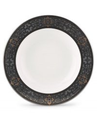 The Vintage Jewel pattern evokes a more gracious era, combining pure white bone china with a dark, richly patterned band of muted gold, taupe, charcoal, and black, and accented with subtle touches of cobalt blue. From Lenox's dinnerware and dishes collection.