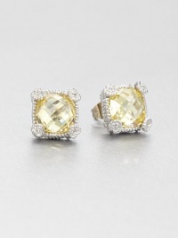 Beautifully faceted canary crystal stones set in intricately designed, sterling silver accented with dazzling white sapphires. Canary crystalsSterling silverWhite sapphiresSize, about .4Post backImported