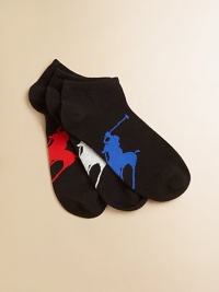 An oversized version of the polo player logo is colorfully knit into the soles of three pairs of sturdy, cotton-y ankle socks.Ribbed cuff71% cotton/27% polyester/2% spandexMachine washImported