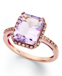 Richly colored with faceted details, this fun cocktail ring showcases an emerald-cut pink amethyst (2-1/2 ct. t.w.) edged by sparkling diamonds (1/8 ct. t.w.). Set in 10k rose gold.