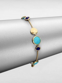 From the Jaipur Resort Collection. Vivid turquoise, gold-flecked lapis and freeform discs of 18k gold with a rich brushstroke texture are all dotted along a delicate chain in this oh-so-elegant design.Lapis and turquoise18k yellow goldLength, about 7Lobster claspMade in Italy