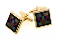 Dramatic gold plated square cufflinks with a checkerboard pattern of genuine stones with presentation box