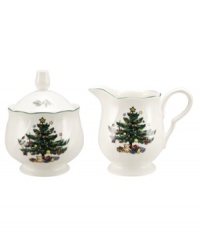 Smallest details count when decorating for the holidays. And nothing could be sweeter than this Happy Holidays lidded sugar bowl and creamer set by Nikko. Coordinating holiday dinnerware, dishes and flatware also available.