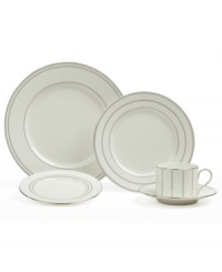 Lustrous platinum bands create a refined pattern that evokes the stately grace of Deco design. With simple geometric shapes, the Chelsea Platinum place settings collection flows from the formal to everyday table with ease. Crafted of fine Mikasa bone china. (Clearance)