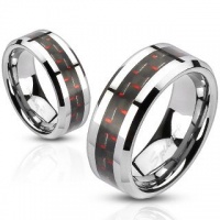 STR-0032 Stainless Steel Black and Red Carbon Fiber Inlay Band Ring Size 5-14; Comes With Free Gift Box