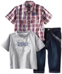 Kenneth Cole Baby-Boys Infant 3 Piece Set Plaid Shirt with Tee and Jean, Gray/Burgandy, 18 Months