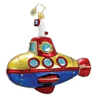 A whimsical, boldly colored submarine glass holiday ornament.