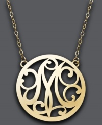 Looking for the perfect personalized gift? This stunning, letter M scroll pendant will do just the trick. Setting and chain crafted in 14k gold. Approximate length: 17 inches. Approximate drop: 1 inch.