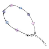 Sterling Silver Blue, Lavender & Aqua Crystal 9 to 10 inch Anklet Made with Swarovski Elements