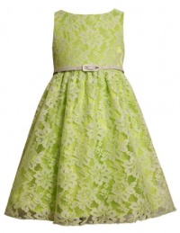 Size-6, Lime, BNJ-2047S, Lime-Green and White Belted Lace Overlay Dress,Bonnie Jean Little Girls Special Occasion Flower Girl Party Dress