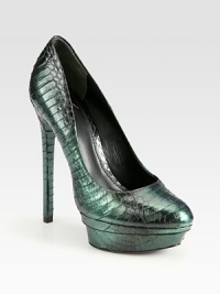 Iridescent metallic snakeskin transforms this towering design into a sexy after-hours pump. Self-covered heel, 5¾ (145mm)Covered platform, 1½ (40mm)Compares to a 4¼ heel (110mm)Metallic snakeskin upperLeather lining and solePadded insoleImported