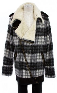 Free People Charcoal Combo Plaid Faux Fur Asymmetrical Zip Jacket Coat Large